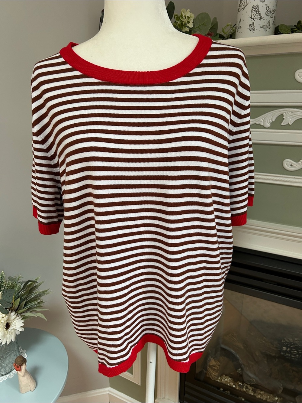 Women's Brown and White Striped Short Sleeve Tee with Red Trim